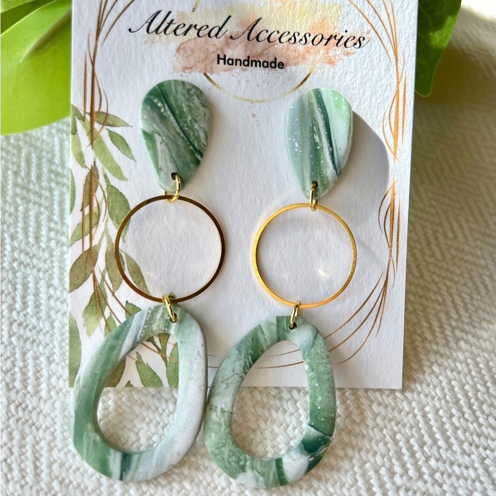 2/$30 Green and Gold Circle Dangle Earrings
